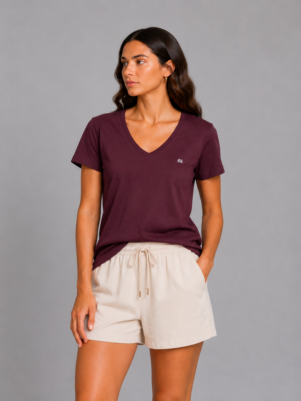 Kadın T-Shirt V Yaka Bordo – tam boy görünüm