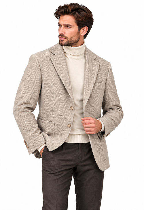 Gri erkek balıksırtı desenli dokulu blazer ceket, manken üzerinde ön detay