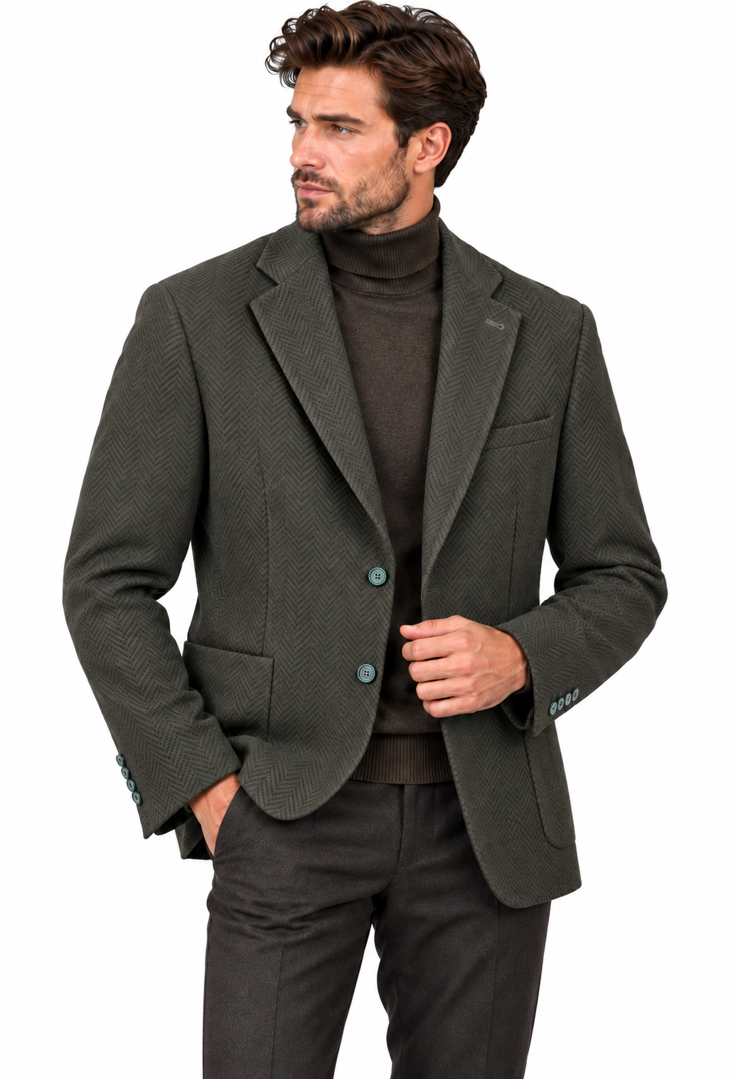 Haki erkek balıksırtı desenli dokulu blazer ceket, manken üzerinde ön detay