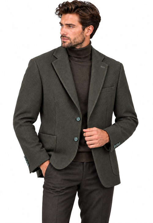 Haki erkek balıksırtı desenli dokulu blazer ceket, manken üzerinde ön detay
