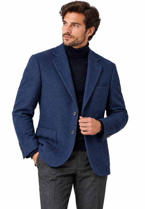 Lacivert erkek balıksırtı desenli dokulu blazer ceket, manken üzerinde ön detay