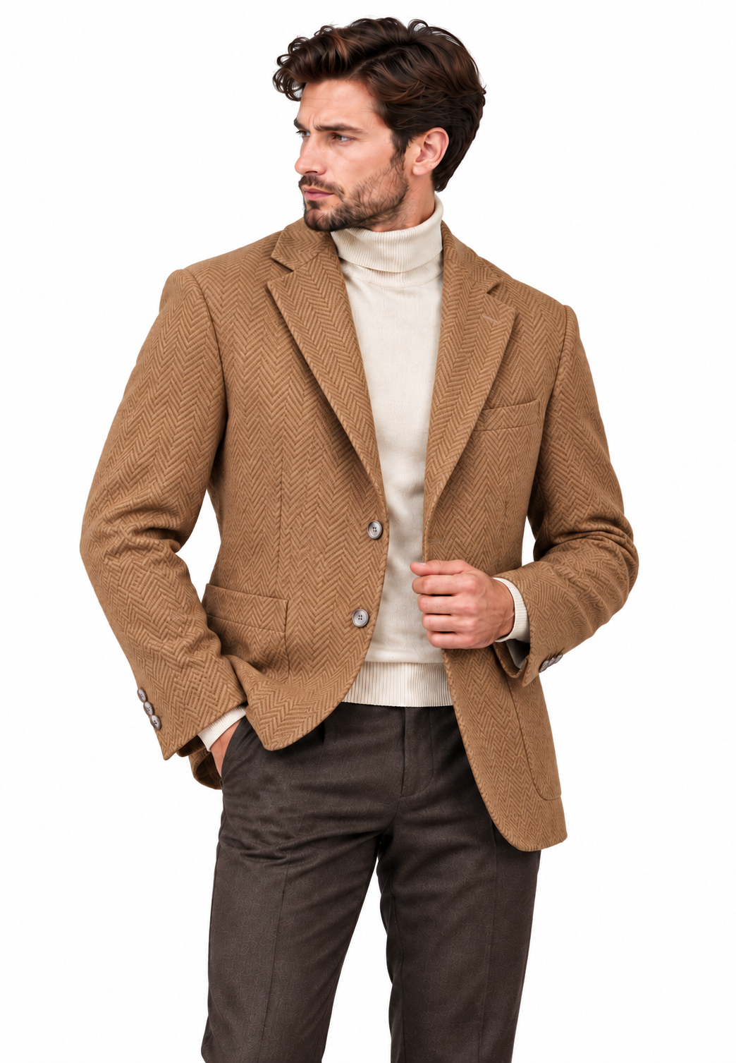 Taba erkek balıksırtı desenli dokulu blazer ceket, manken üzerinde ön detay