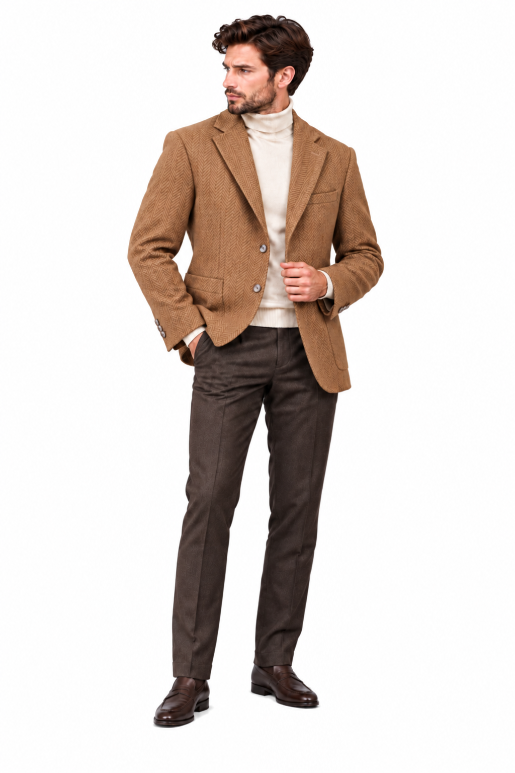 Taba erkek balıksırtı desenli dokulu blazer ceket, manken üzerinde tam boy ön görünüm
