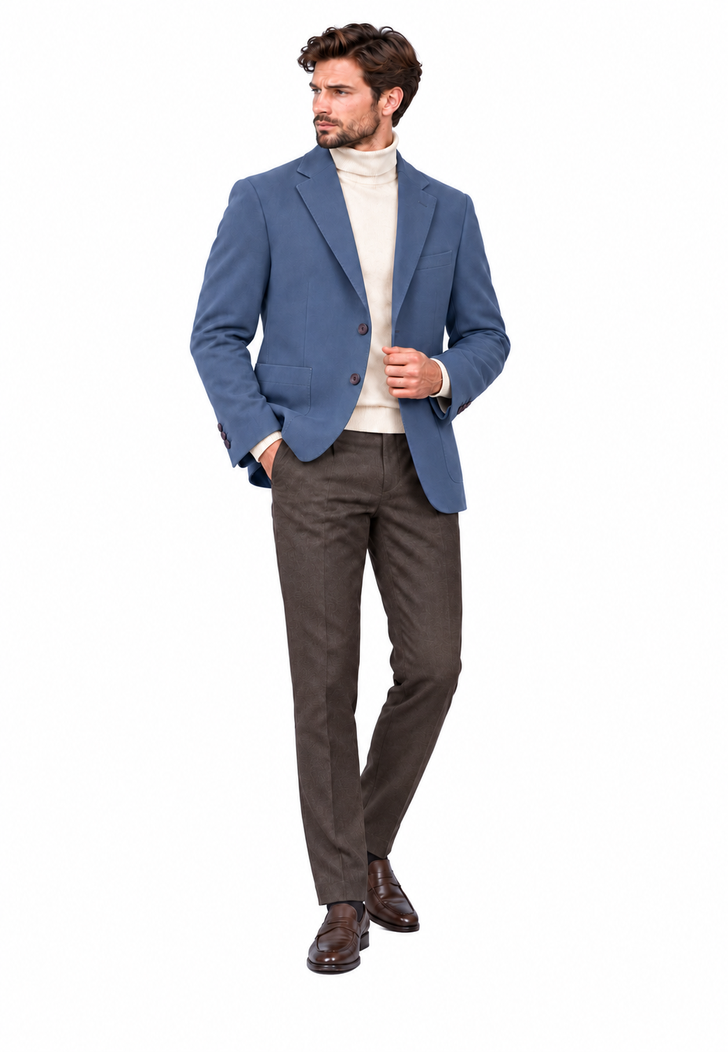 İndigo erkek blazer ceket, klasik çentik yaka, manken üzerinde tam boy ön görünüm