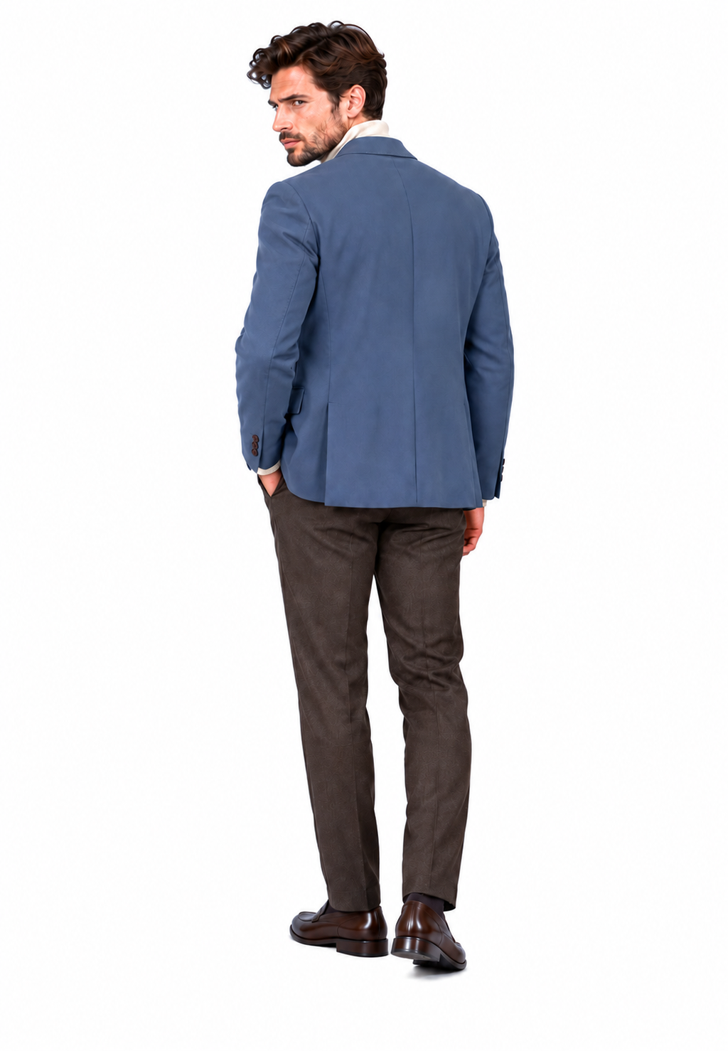 İndigo erkek blazer ceket, klasik çentik yaka, manken üzerinde arka görünüm
