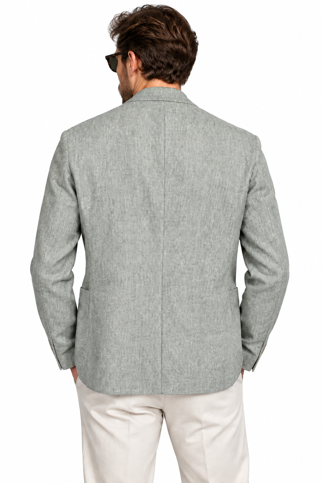 Açık Yeşil erkek dokulu kumaş rahat kesim blazer ceket, manken üzerinde arka görünüm