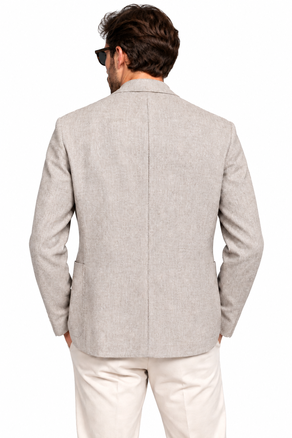 Bej erkek dokulu kumaş rahat kesim blazer ceket, manken üzerinde arka görünüm