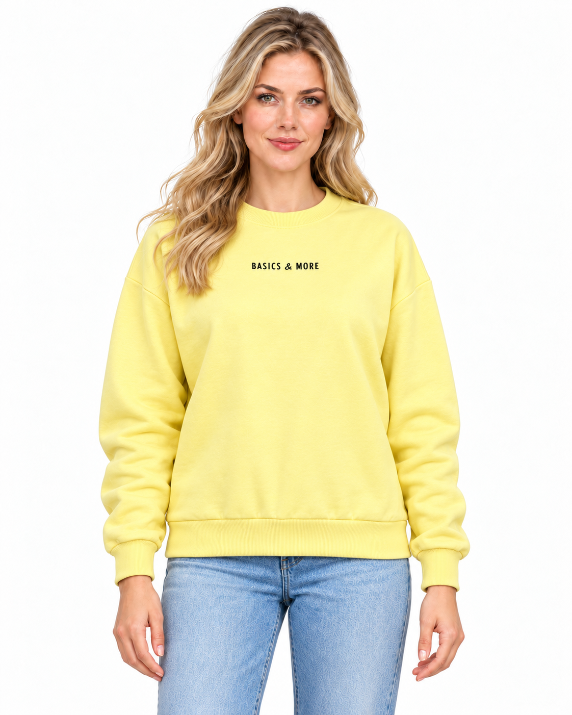 Kadın Sweatshirt Sarı, manken üzerinde ön görünüm