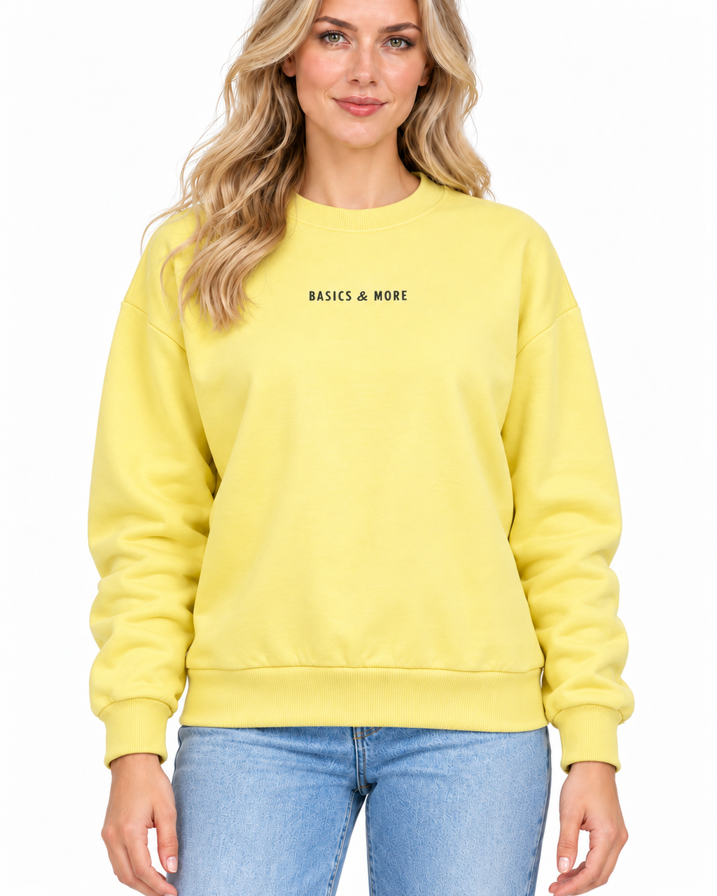 Kadın Sweatshirt Sarı, önden yakın çekim
